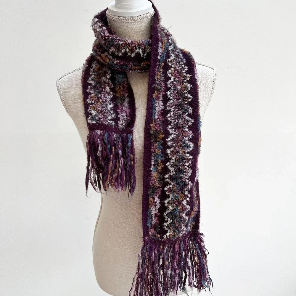 Wool Blend Purple Multi-Color Scarf with Fringe Detail